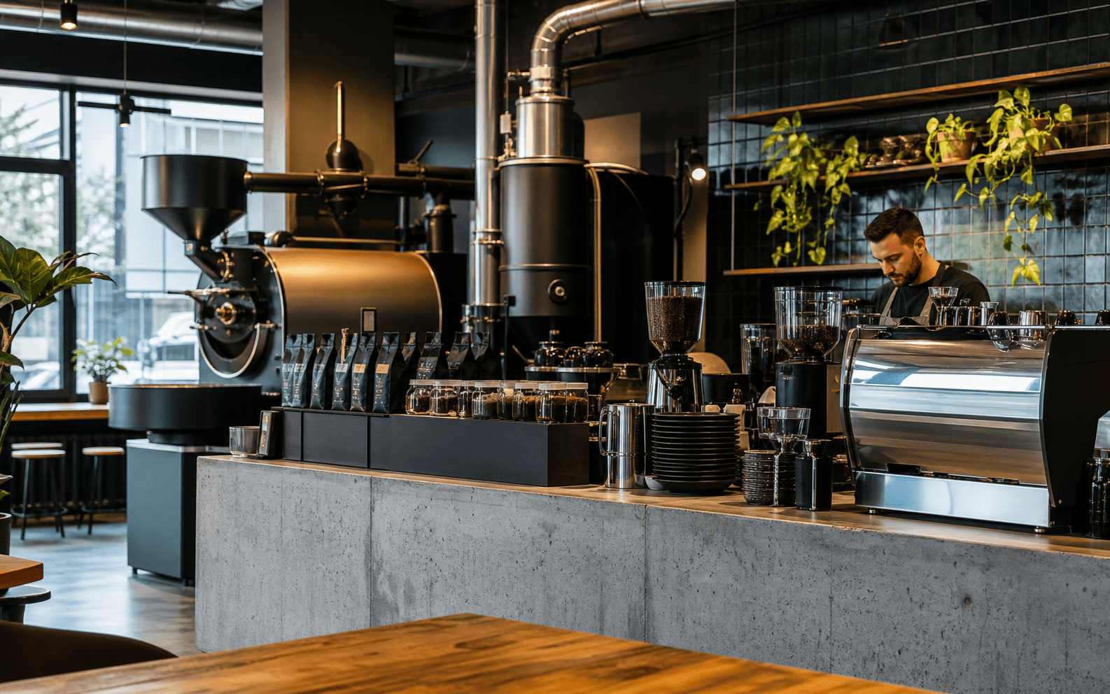 Интерьер кофейни Lumen Coffee с барной стойкой и ростером